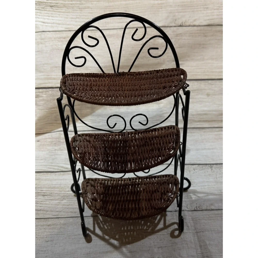 Vintage Rattan Wicker Metal 3 Tiered Shelf Display Doll House 10